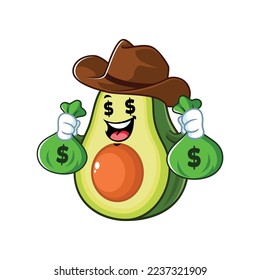 vector cartoon, character, and mascot of a texas avocado holding money bags.