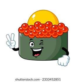 vector cartoon, character, and mascot of a tobiko quail egg sushi with two finger.
