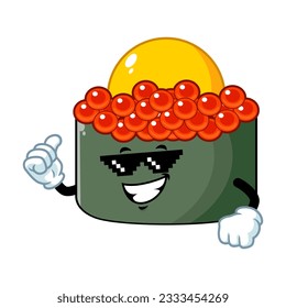 vector cartoon, character, and mascot of a tobiko quail egg sushi with thug life style.