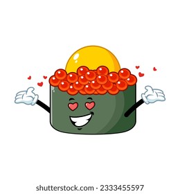 dibujos animados vectoriales, personajes y mascota de un sushi de huevo de codorniz tobiko enamorado.