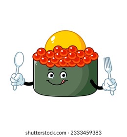 vector cartoon, character, and mascot of a tobiko quail egg sushi holding spoon and fork.