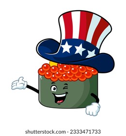 vector cartoon, character, and mascot of a tobiko quail egg sushi wearing uncle sam hat.