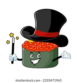 vector cartoon, character, and mascot of a tobiko quail egg sushi wearing magician hat.