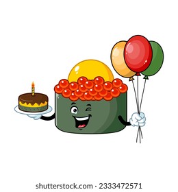 vector cartoon, character, and mascot of a tobiko quail egg sushi birthday party.
