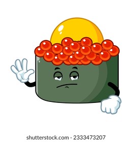 dibujos animados vectoriales, personajes y mascota de un sushi de huevo de codorniz tobiko con cara de expresión aburrida.