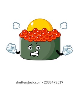 vector cartoon, character, and mascot of a tobiko quail egg sushi with angry expression face.