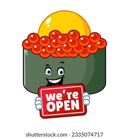 vector cartoon, character, and mascot of a tobiko quail egg sushi holding open signboard.