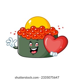 vector cartoon, character, and mascot of a tobiko quail egg sushi holding heart in love.