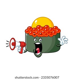 vector cartoon, character, and mascot of a tobiko quail egg sushi holding megaphone.
