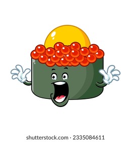 vector cartoon, character, and mascot of a tobiko quail egg sushi with surprized expression face.