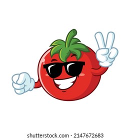 personaje de caricatura vectorial, mascota de tomate con gafas de sol