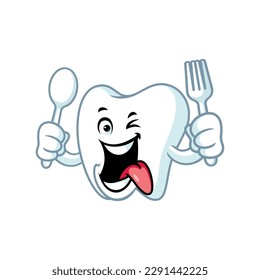 vector cartoon, character, and mascot of a tooth holding spoon and fork.