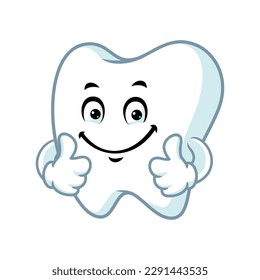 vector cartoon, character, and mascot of a tooth with double thumbs up hand.