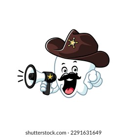 vector cartoon, character, and mascot of a tooth sherrif holding megaphone.