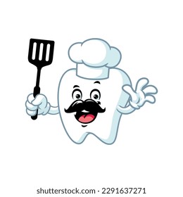 vector cartoon, character, and mascot of a tooth holding spatula.