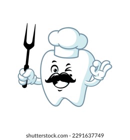 vector cartoon, character, and mascot of a tooth holding grilled fork.