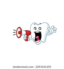 vector cartoon, character, and mascot of a tooth holding megaphone.