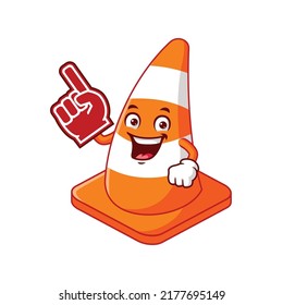 vector cartoon, character, and mascot of a traffic cone wearing finger foam.