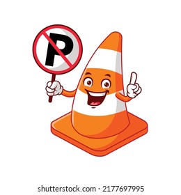 vector cartoon, character, and mascot of a traffic cone holding NO PARKING sign board.