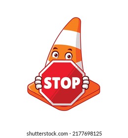 vector cartoon, character, and mascot of a traffic cone holding STOP sign board.