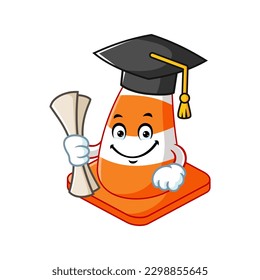 vector cartoon, character, and mascot of a traffic cone wearing graduation hat.