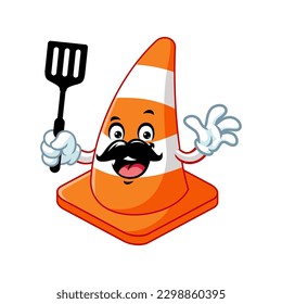 vector cartoon, character, and mascot of a traffic cone holding spatula.