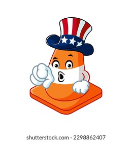 vector cartoon, character, and mascot of a traffic cone wearing uncle sam hat.