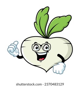 vector cartoon, character, and mascot of a turnip wearing eyeglasses with thumbs up hand.