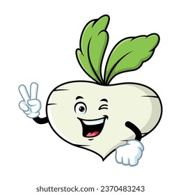 vector cartoon, character, and mascot of a turnip with two finger.