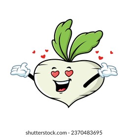 vector cartoon, character, and mascot of a turnip in love.