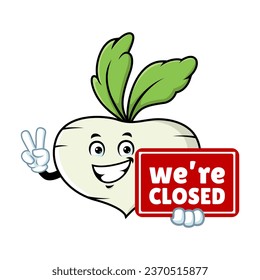 vector cartoon, character, and mascot of a turnip holding closed signboard.