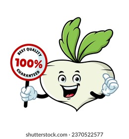 vector cartoon, character, and mascot of a turnip holding guaranteed signboard.