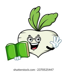 vector cartoon, character, and mascot of a turnip holding book.