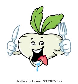 vector cartoon, character, and mascot of a turnip holding knife and fork.