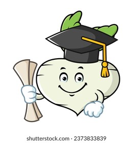 vector cartoon, character, and mascot of a turnip wearing graduation hat.