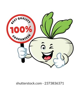 vector cartoon, character, and mascot of a turnip holding guaranteed signboard.