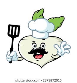 vector cartoon, character, and mascot of a turnip holding spatula.