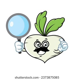 dibujos animados vectoriales, personajes y mascota de un turnip sosteniendo una lupa.