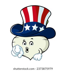 vector cartoon, character, and mascot of a turnip wearing uncle sam hat.