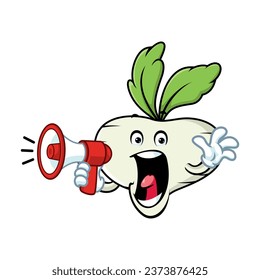vector cartoon, character, and mascot of a turnip holding megaphone.