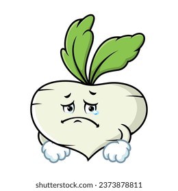 vector cartoon, character, and mascot of a turnip with sad expression face.