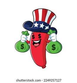 vector cartoon, character, and mascot of an uncle sam sausage holding money shack.