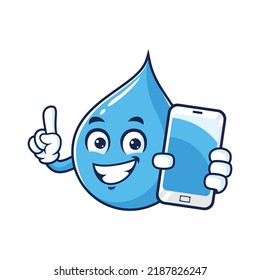 vector cartoon, character, and mascot of a water drop holding smartphone.