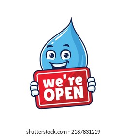 Vector Cartoon, Character, And Mascot Of A Water Drop Holding OPEN Sign Board.