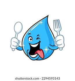 vector cartoon, character, and mascot of a water drop holding spoon and fork.