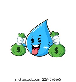 vector cartoon, character, and mascot of a water drop holding money sack.