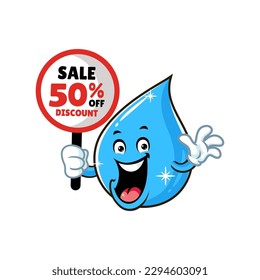 vector cartoon, character, and mascot of a water drop holding discount signboard.