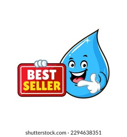 vector cartoon, character, and mascot of a water drop holding best seller signboard.