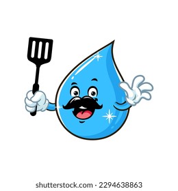 dibujos animados vectoriales, personajes y mascota de una gota de agua sosteniendo la espátula.