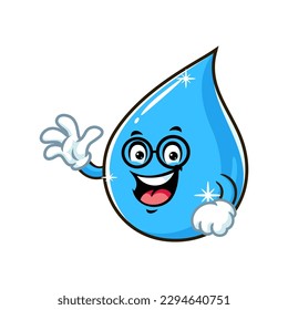 dibujos animados vectoriales, personajes y mascota de una gota de agua que usa anteojos con la mano ondulada.
